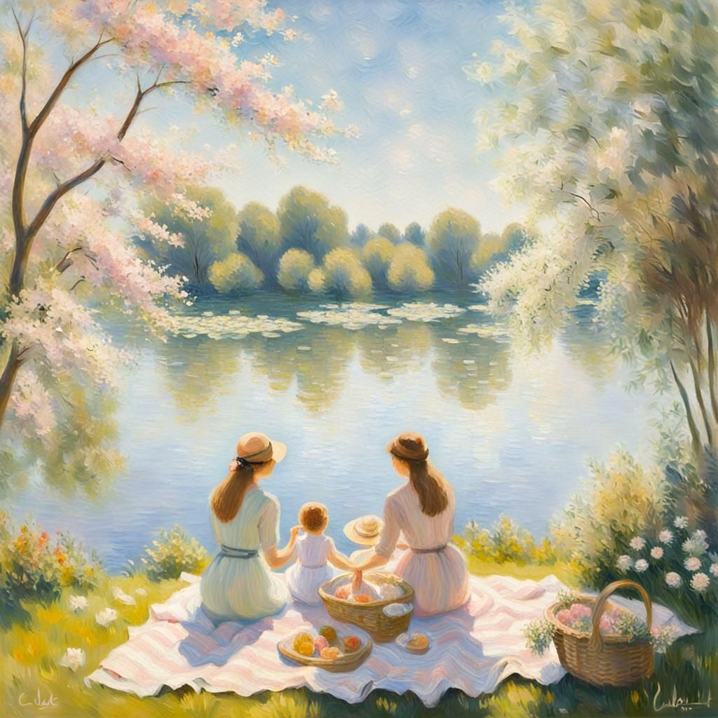 Idyllic Lakeside Picnic in Impressionist Style
