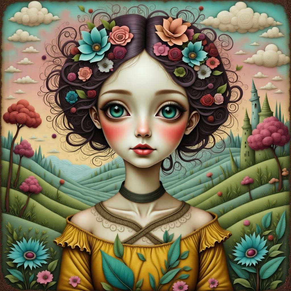 Surreal Portrait in Whimsical Mixed Media Style