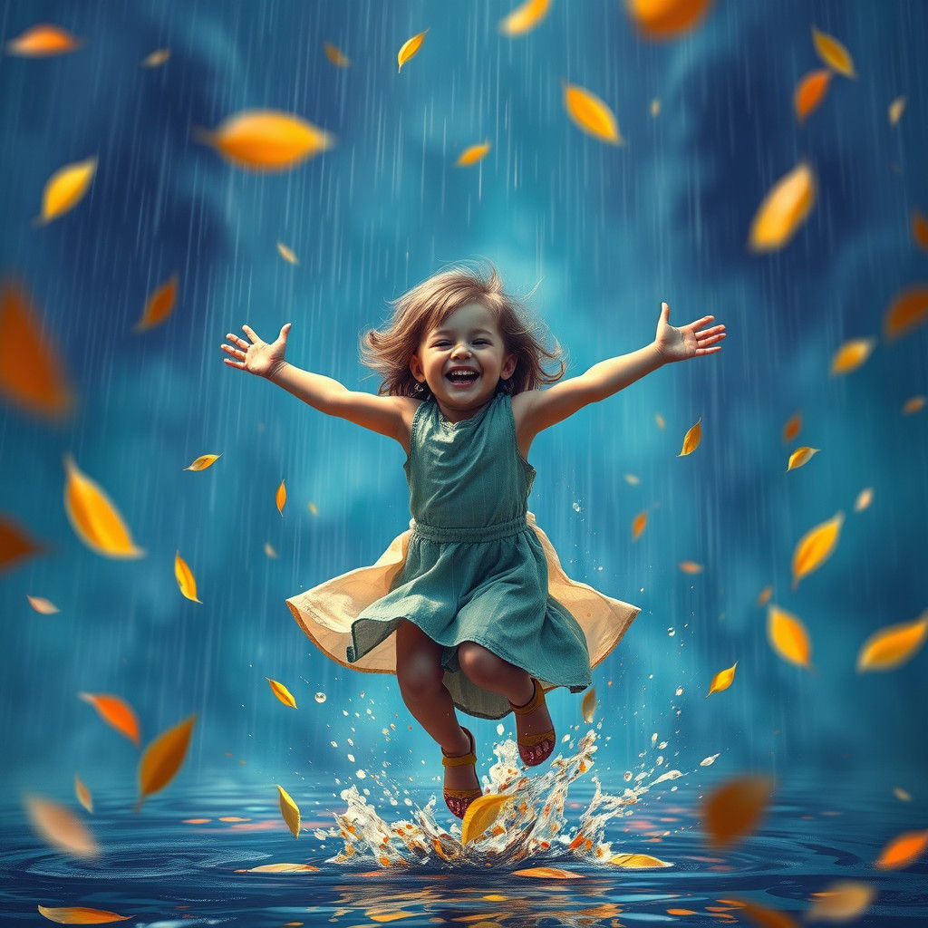 Child Dancing in Whimsical Rainstorm Landscape