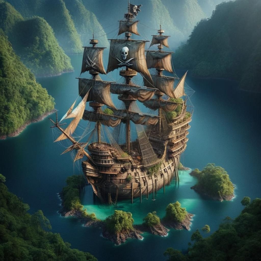Sailing Ship Perched on Island in Emerald Lake