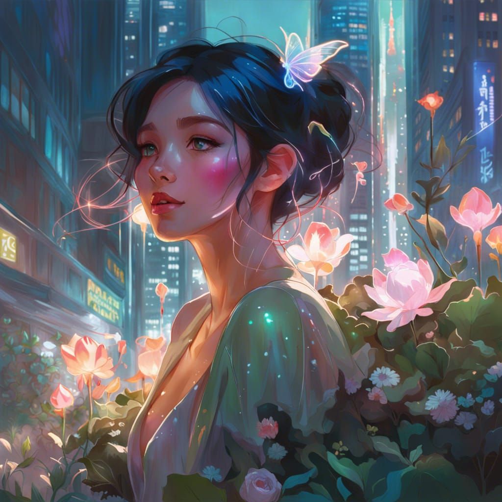 Magical Fairy Garden Among Skyscrapers, Digital Painting