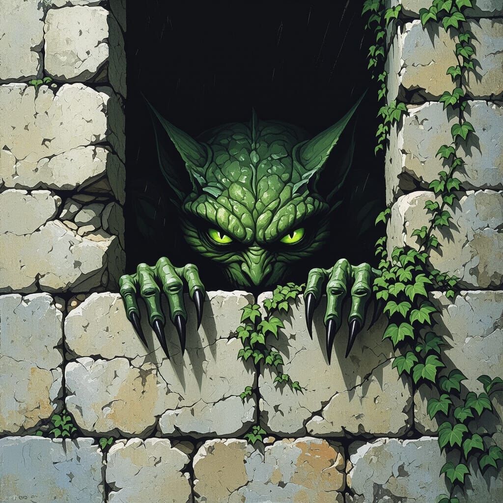 Green-Eyed Monster in Grimy Alley, Ominous Art