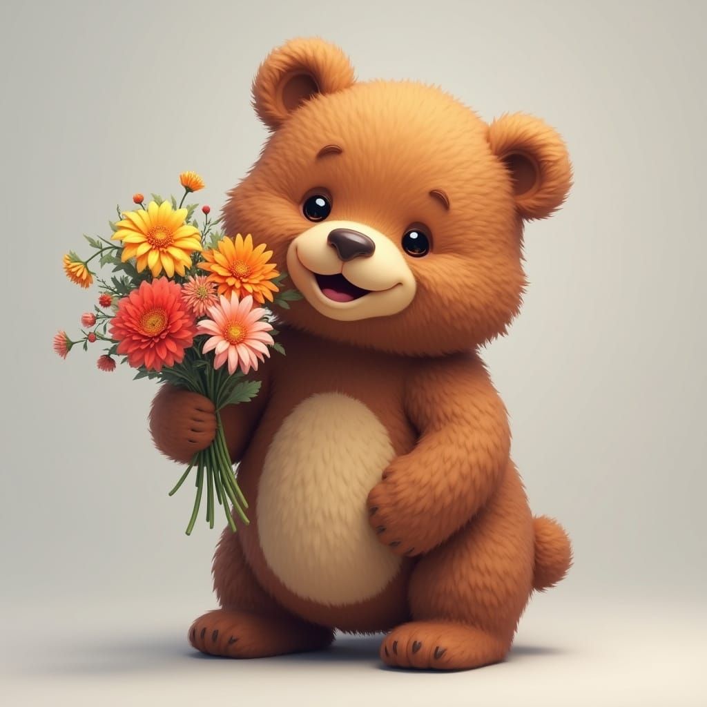 Fluffy Bear with Flowers in Hyper-Realistic Style