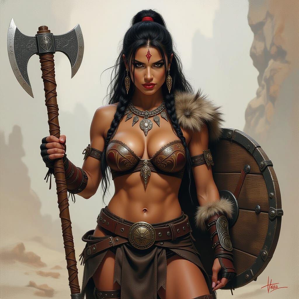 Warrior Barbarian Woman with Axe and Shield