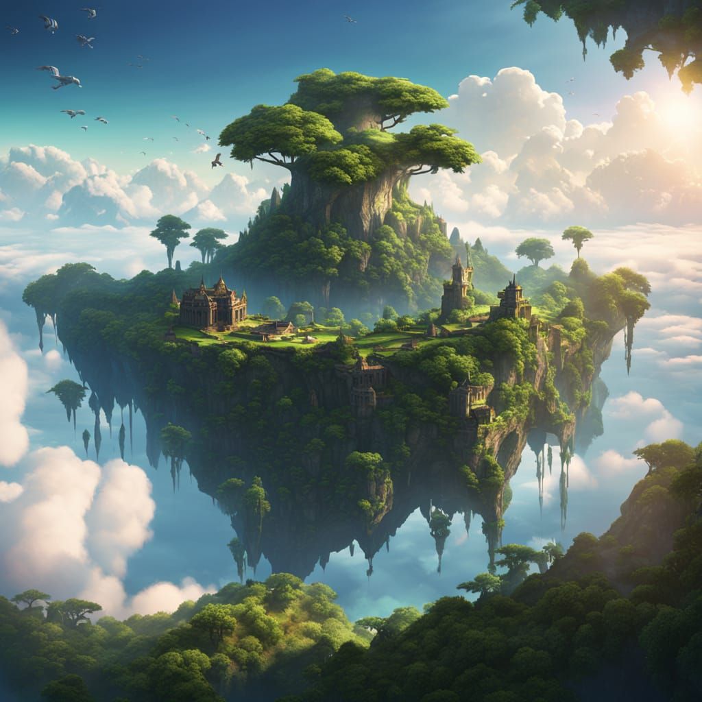 Fantasy Floating Island with Ruins and Clouds