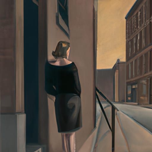 Femme Fatale on 1940s Sidewalk in Hopper Style