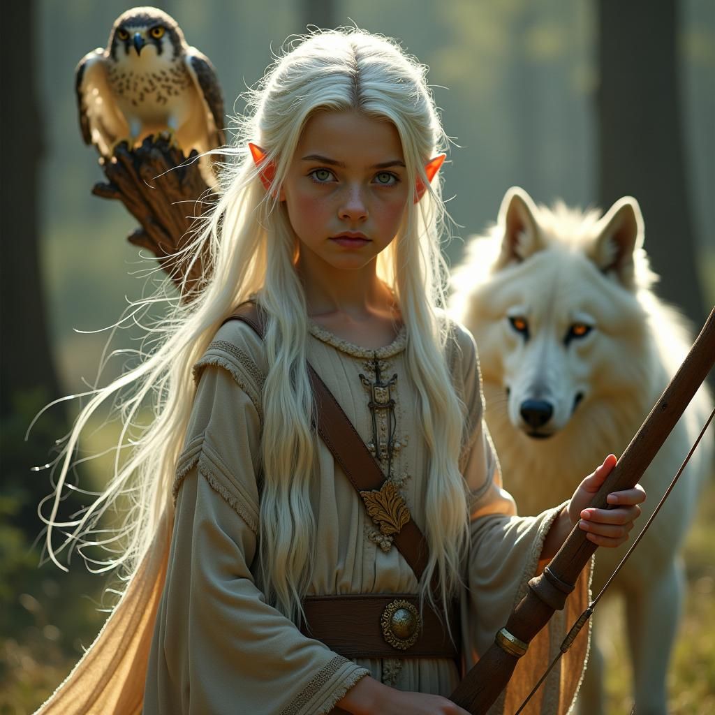 Elf Druid with Wolf and Falcon: Cinematic Fantasy Art