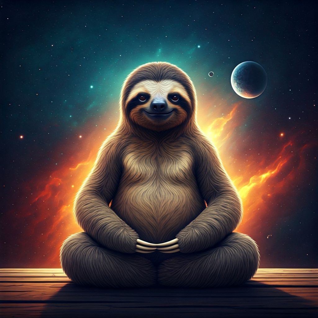 Sloth in Cosmic Yoga Pose with Twin Moons