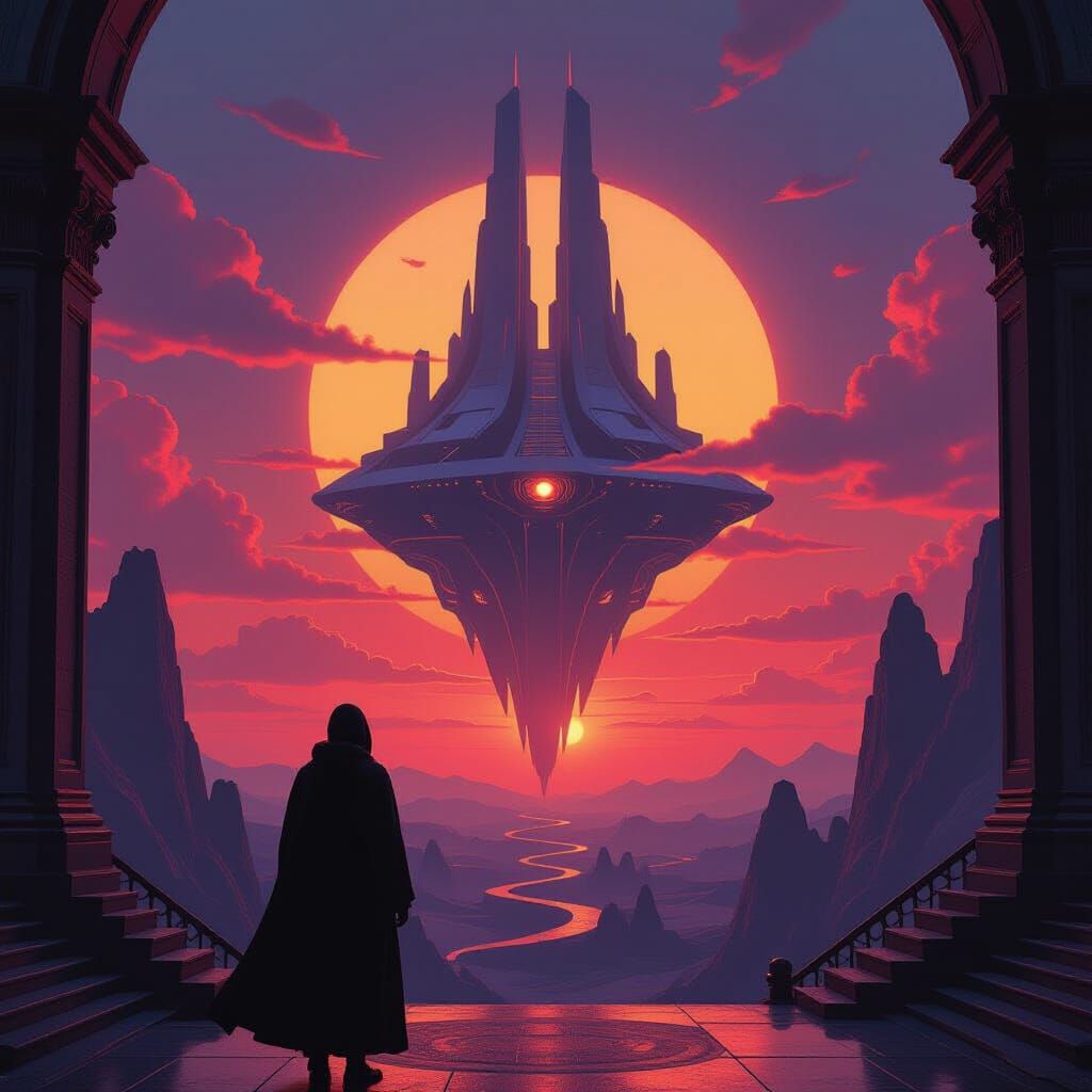 Surreal Alien Sunset with Escher-esque Structure