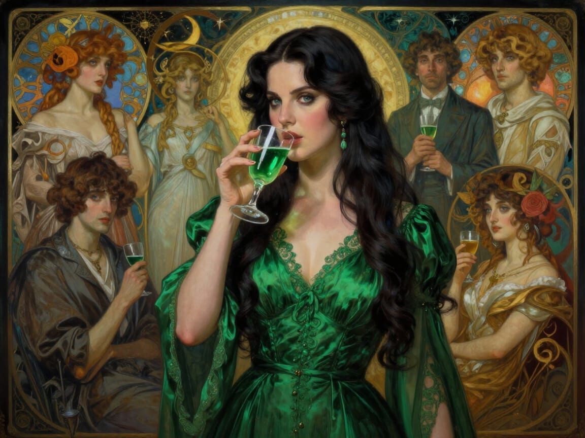 Lana Del Rey in Emerald Green Drinking Absinthe - Art Nouvea...