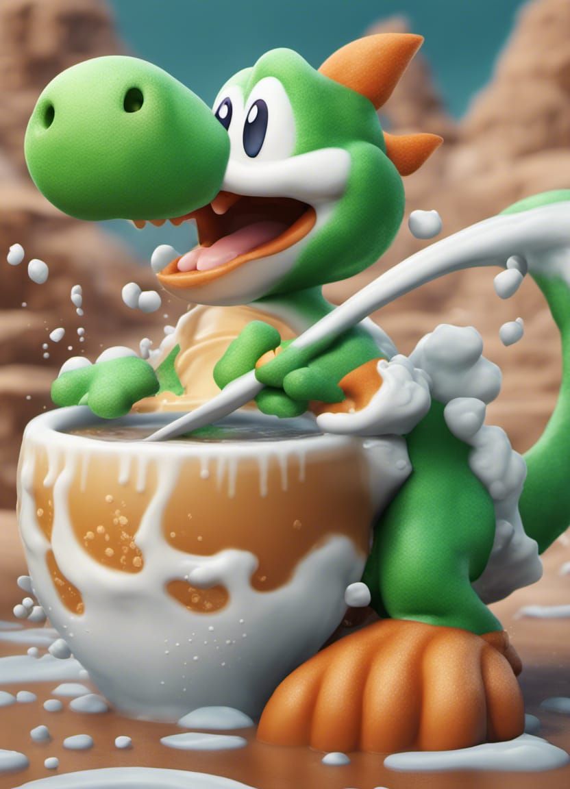 Detailed Latte Art of Yoshi in Foam