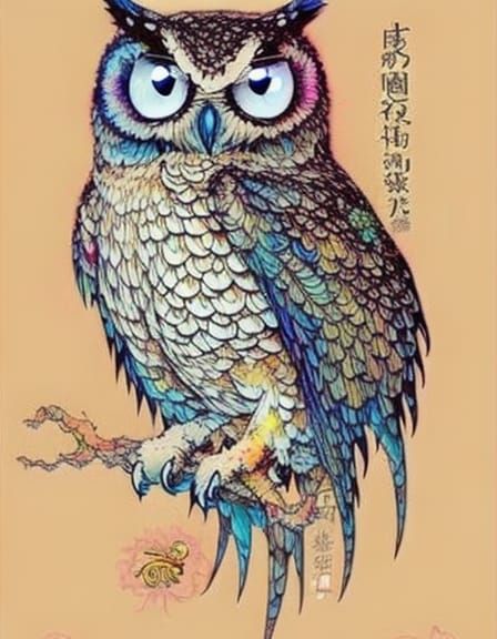 Rainbow Ink Owl with Blue Eyes