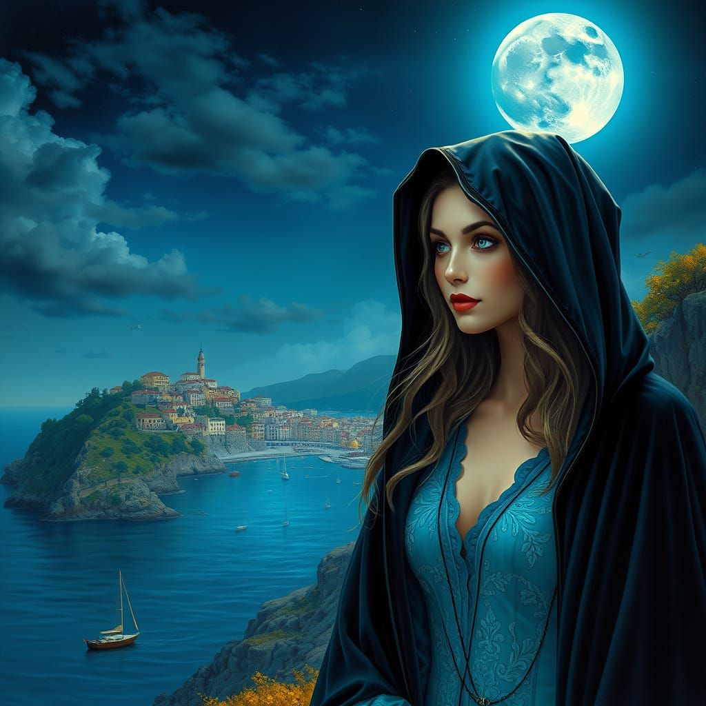 Gothic Woman in Moonlit Coastal Village