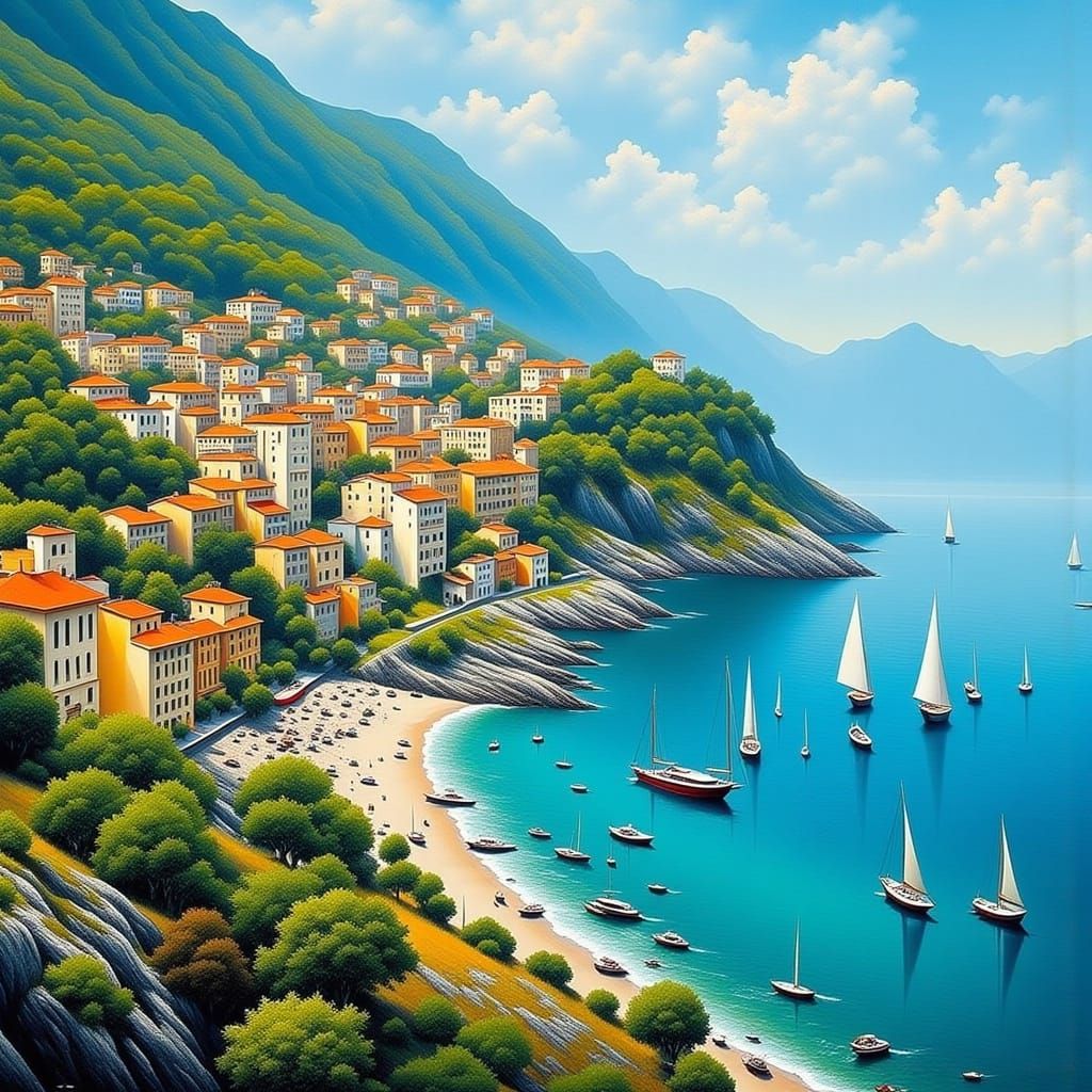 Surreal Italian Seascape with Mediterranean Architecture and...