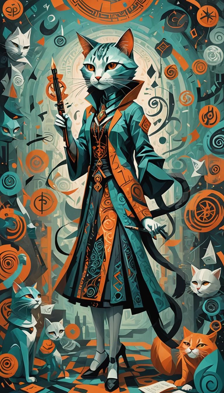 Cubist Cat Girl with Pen of Fate in Dance Macabre