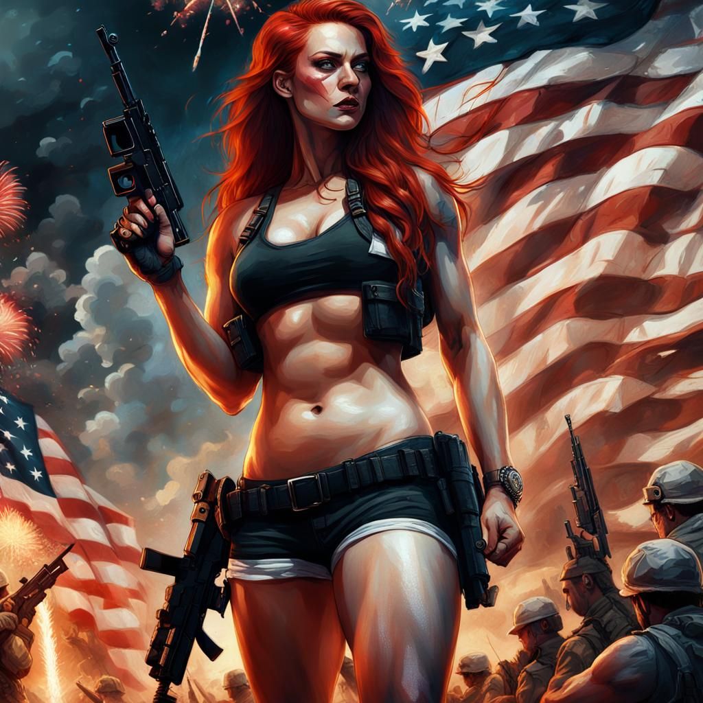 Patriotic Woman with Flag and Gun in Digital Art