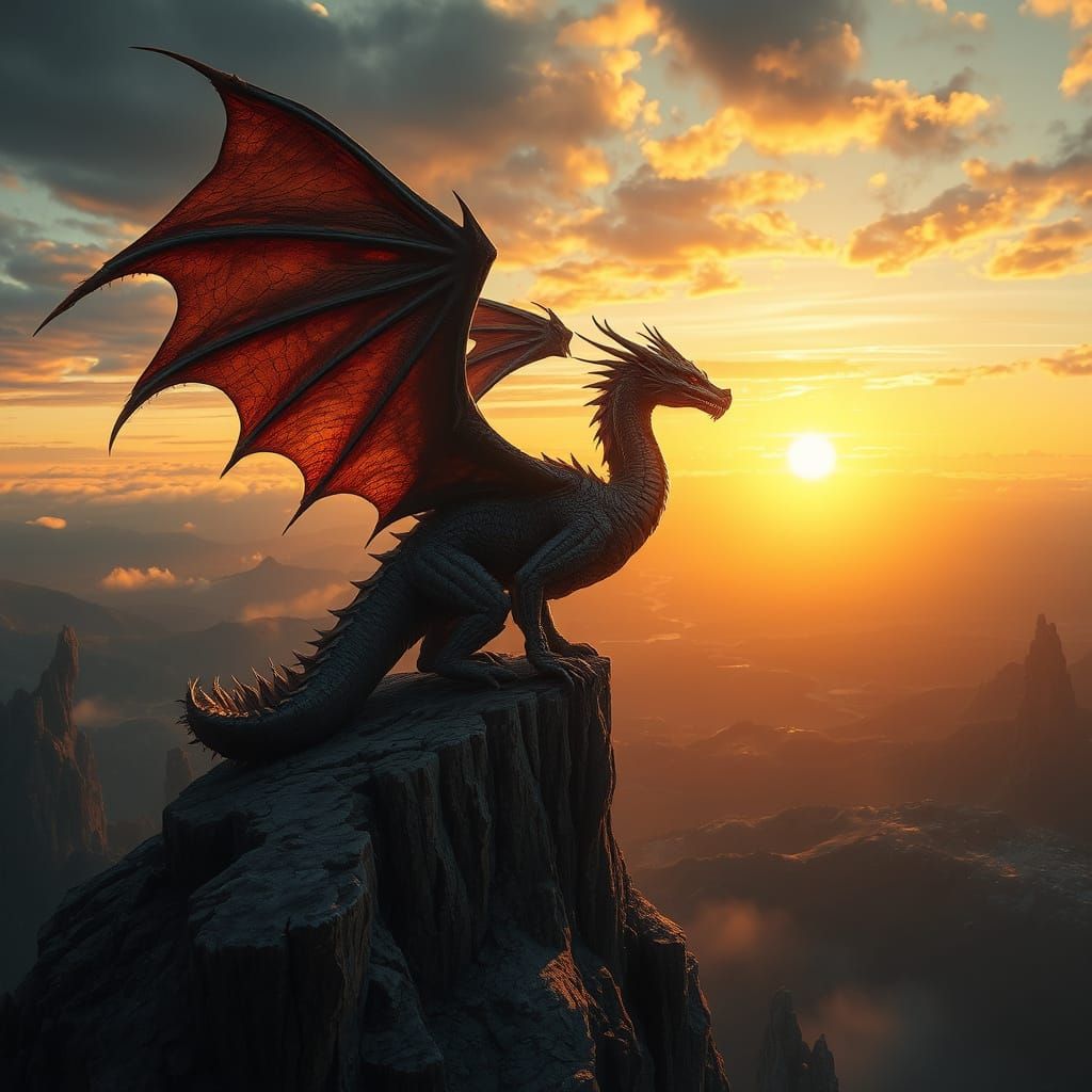 Majestic Dragon at Sunset on a Windswept Cliff