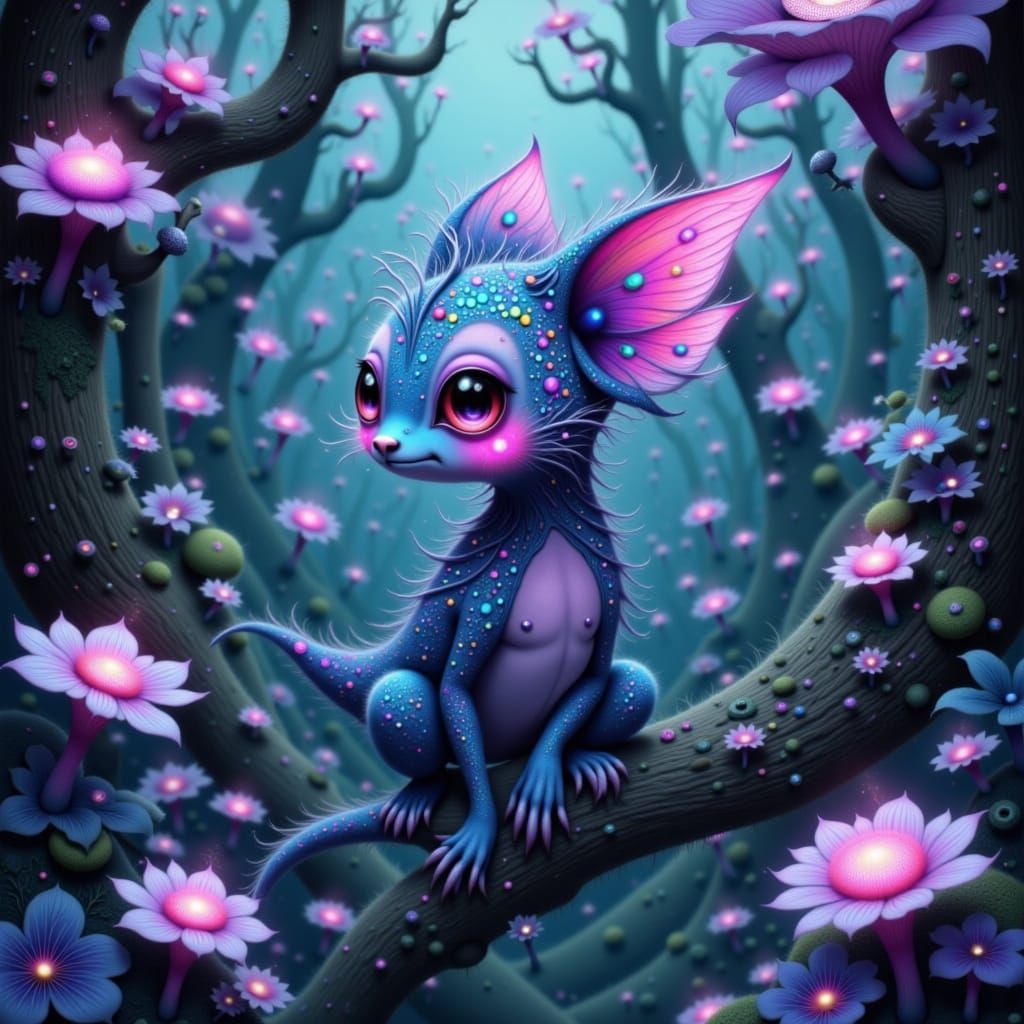 Bioluminescent Creature with Holographic Scales in Alien For...