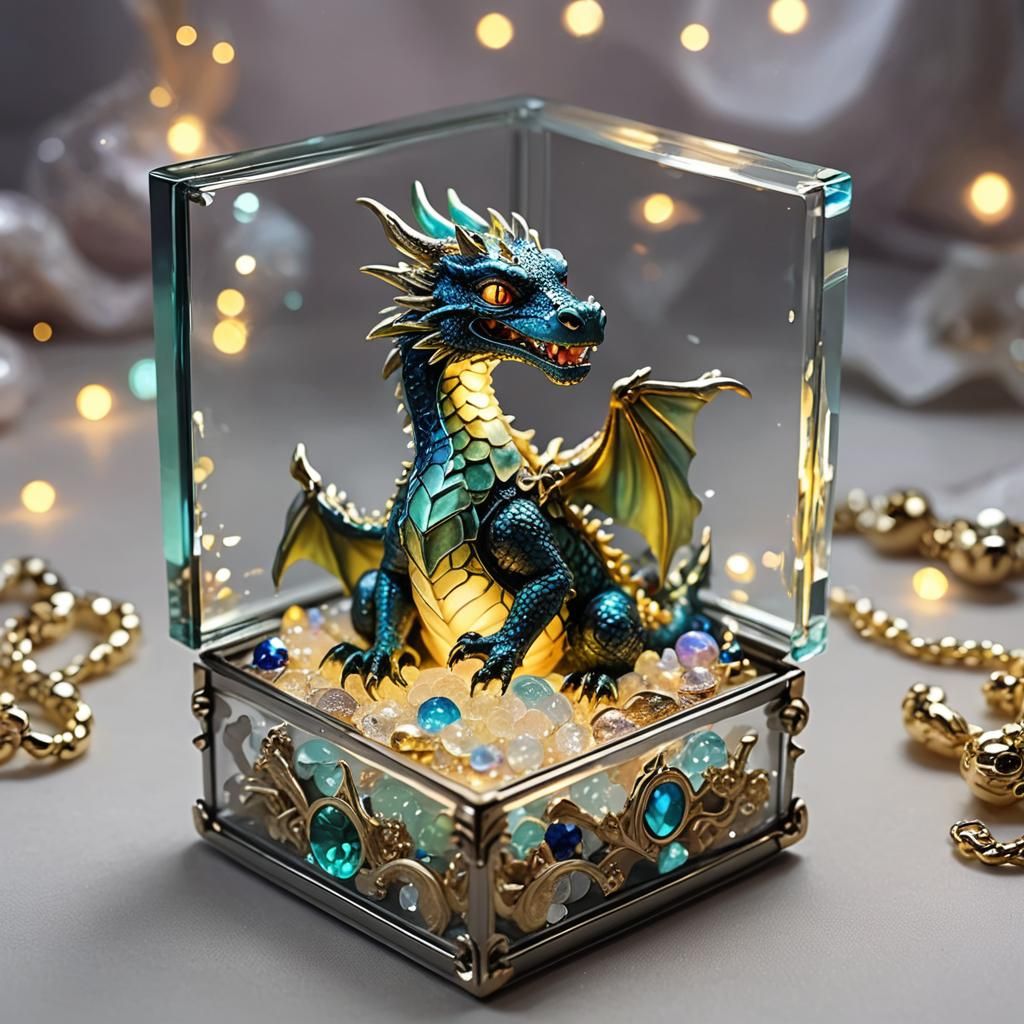 Miniature Dragon with Glowing Jewelry Treasure