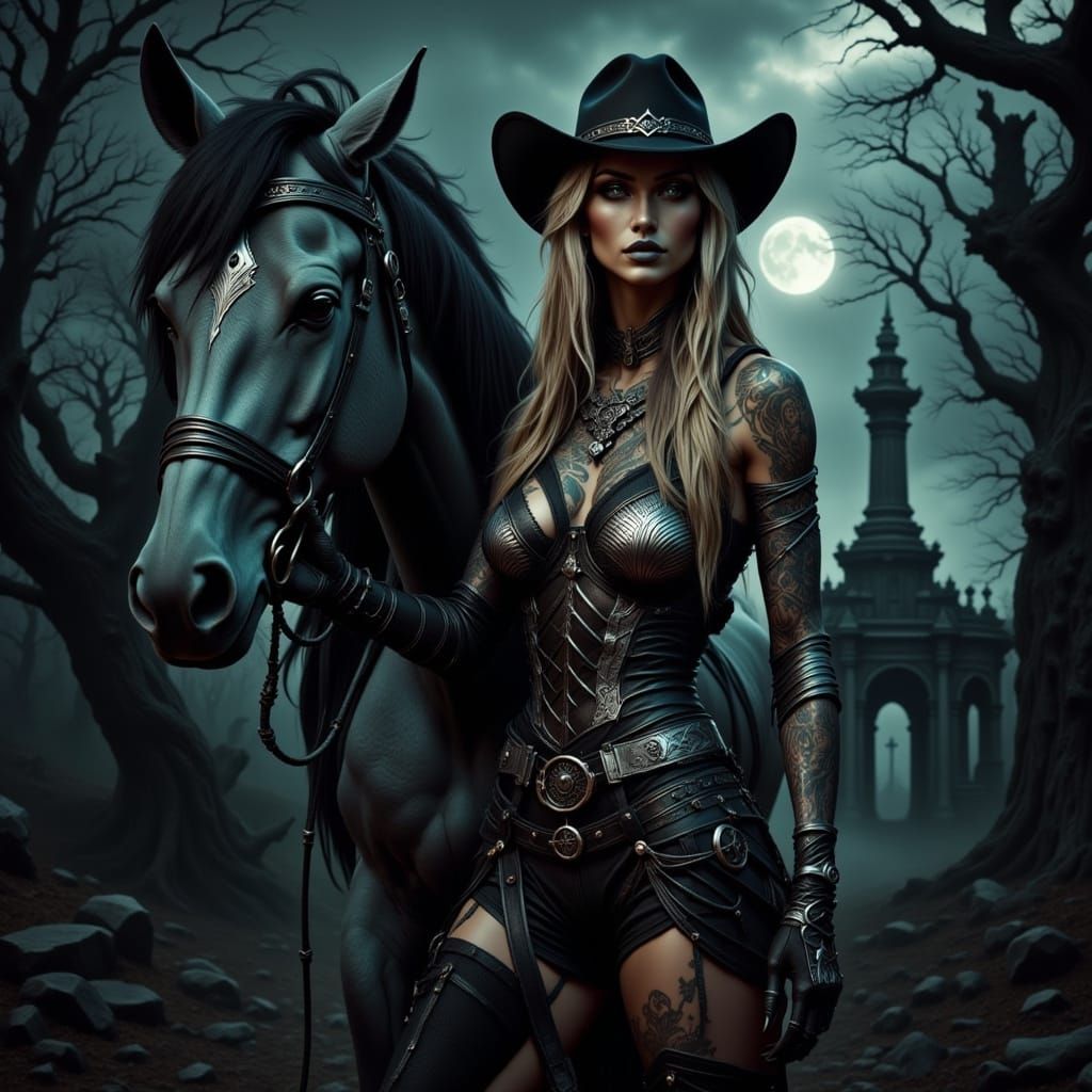 Gothic Cowgirl in Dark Fantasy Graveyard