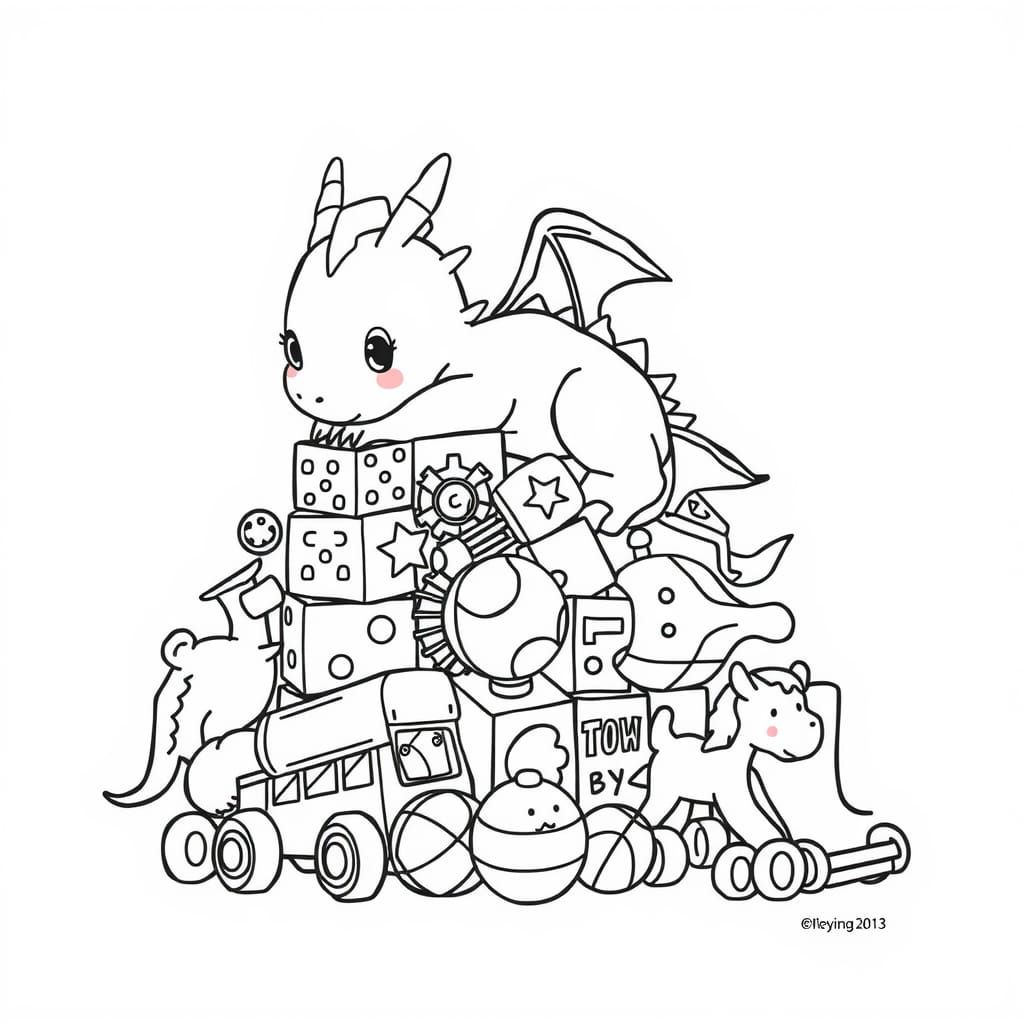 Cute Dragon on Toys Line Art Coloring Page