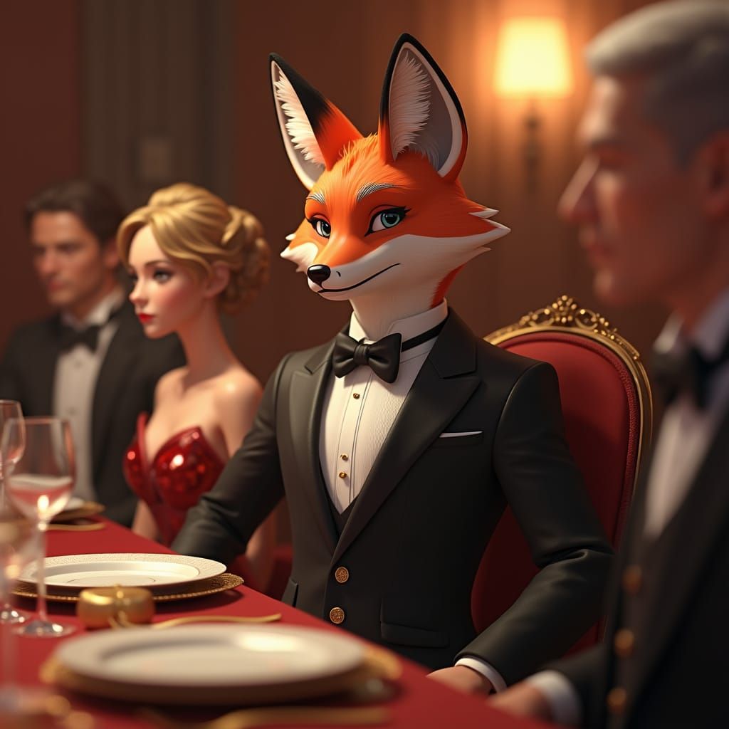 Fox in Tuxedo at Dinner Party in 3D Anime Style