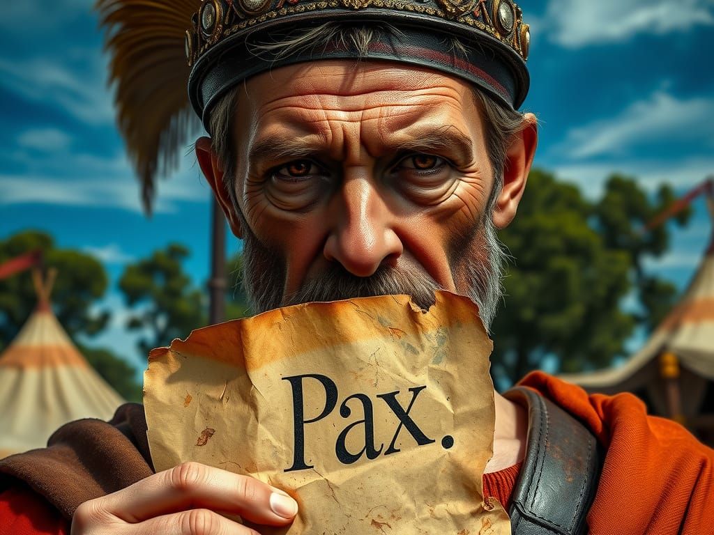 Weathered Roman Centurion Presents a Papyrus Scroll Under a ...