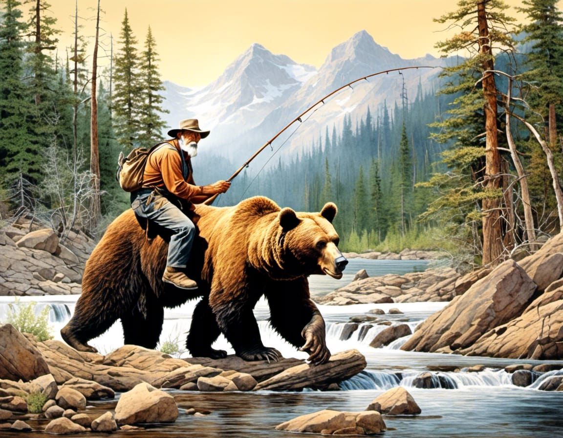 Prospector and Bear Fishing: Delicate Watercolor Painting