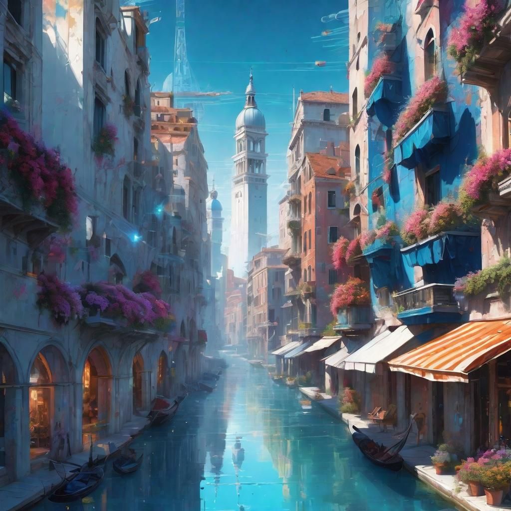 Futuristic Venice Utopia with Neon Holograms