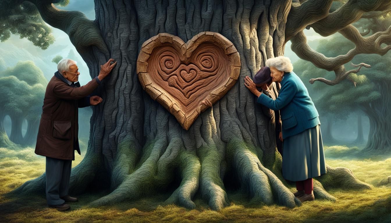 Elderly Couple and Carved Heart on Tree Bark