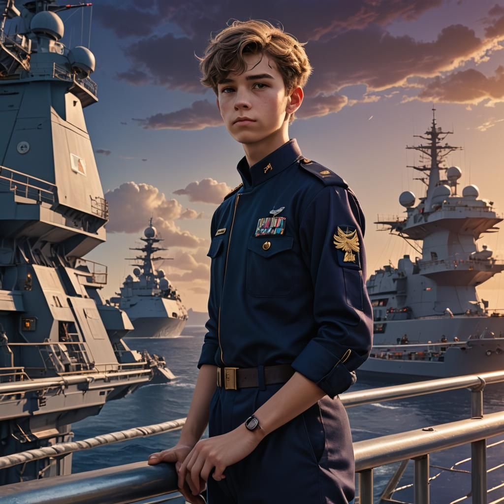Boy on Modern Frigate: Hyper-Realistic Digital Art