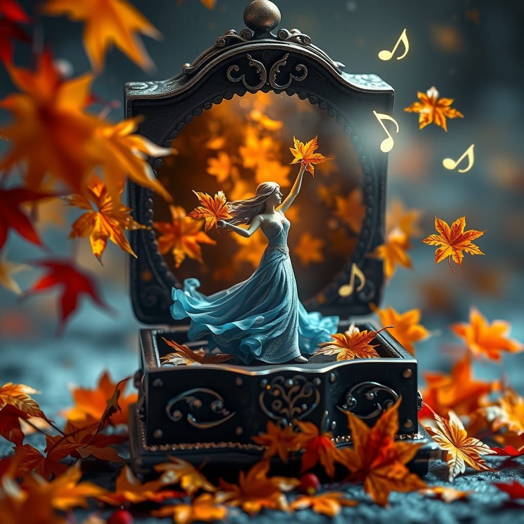 Open music box coming outside a miniature fantasy  magical A...