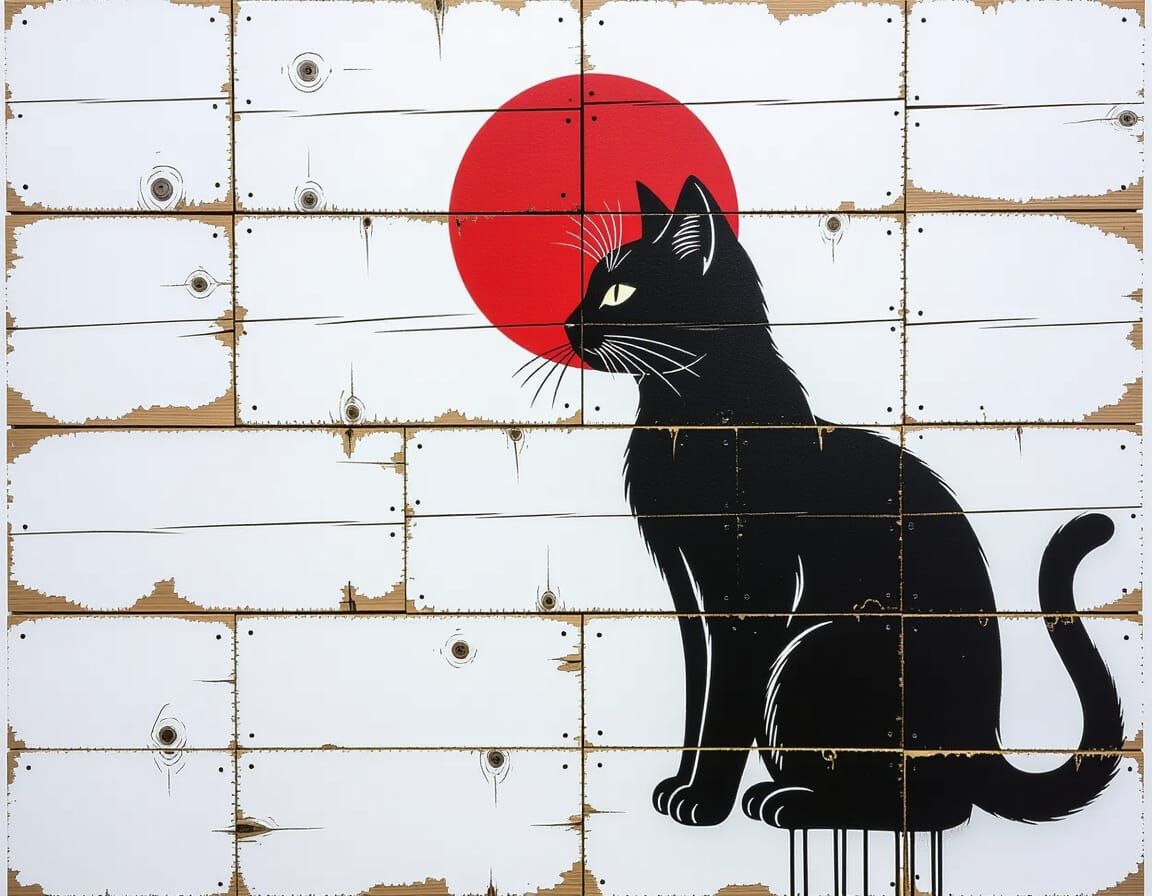 Minimalist Graffiti: Black Cat and Red Sun