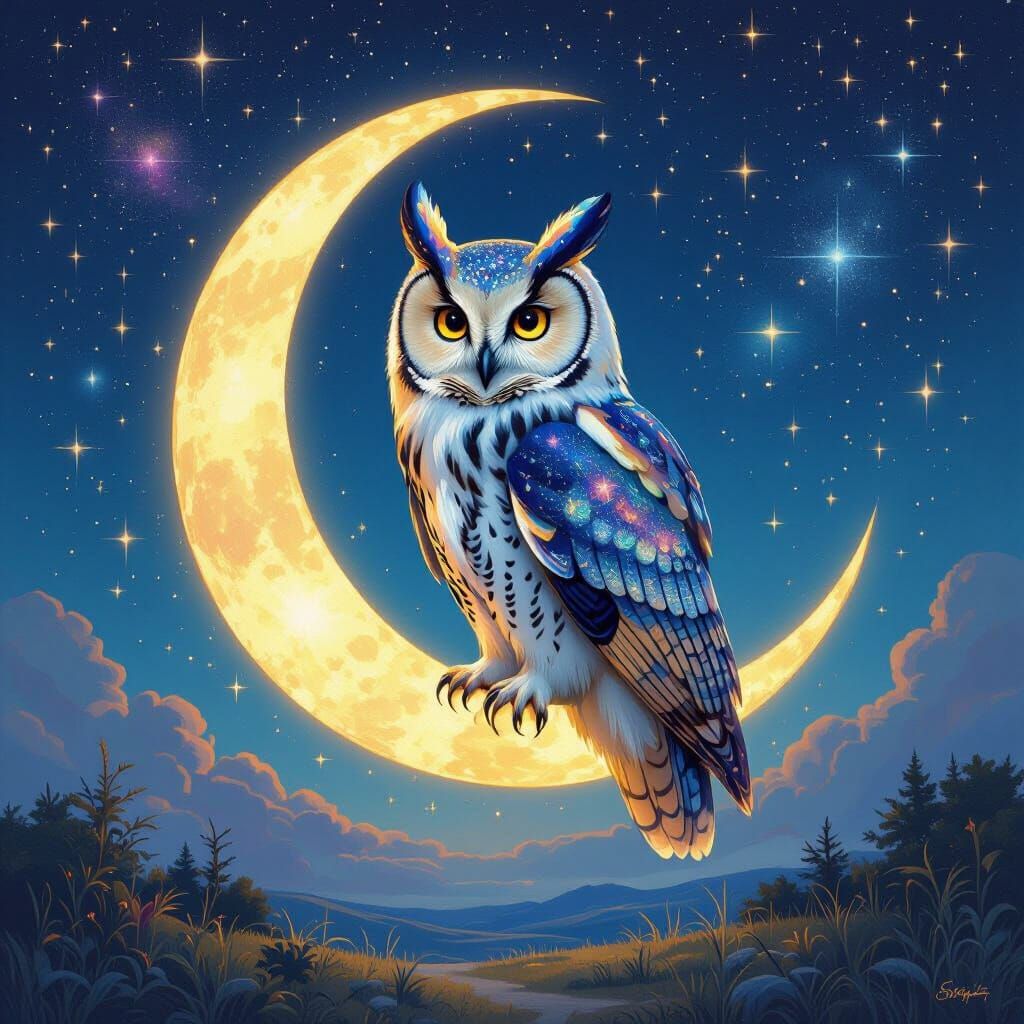 Cosmic Owl Perched on Crescent Moon as Oil Painting