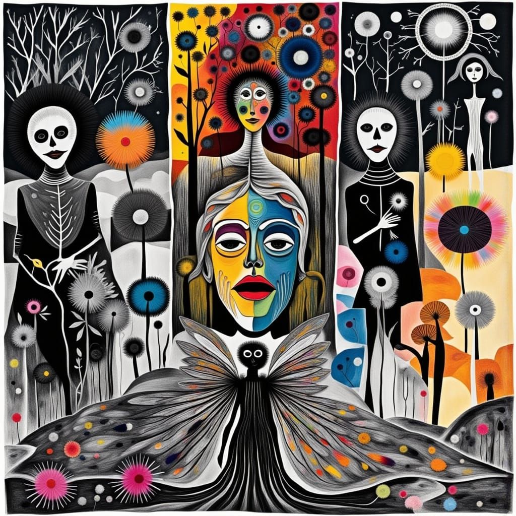 <lora:Patchwork Flux:1.0> <lora:DDM Calavera 2:1.0> <lora:Dandelion Fairies:1.0> <lora:Death River:1.0> Kids Crayon dra...