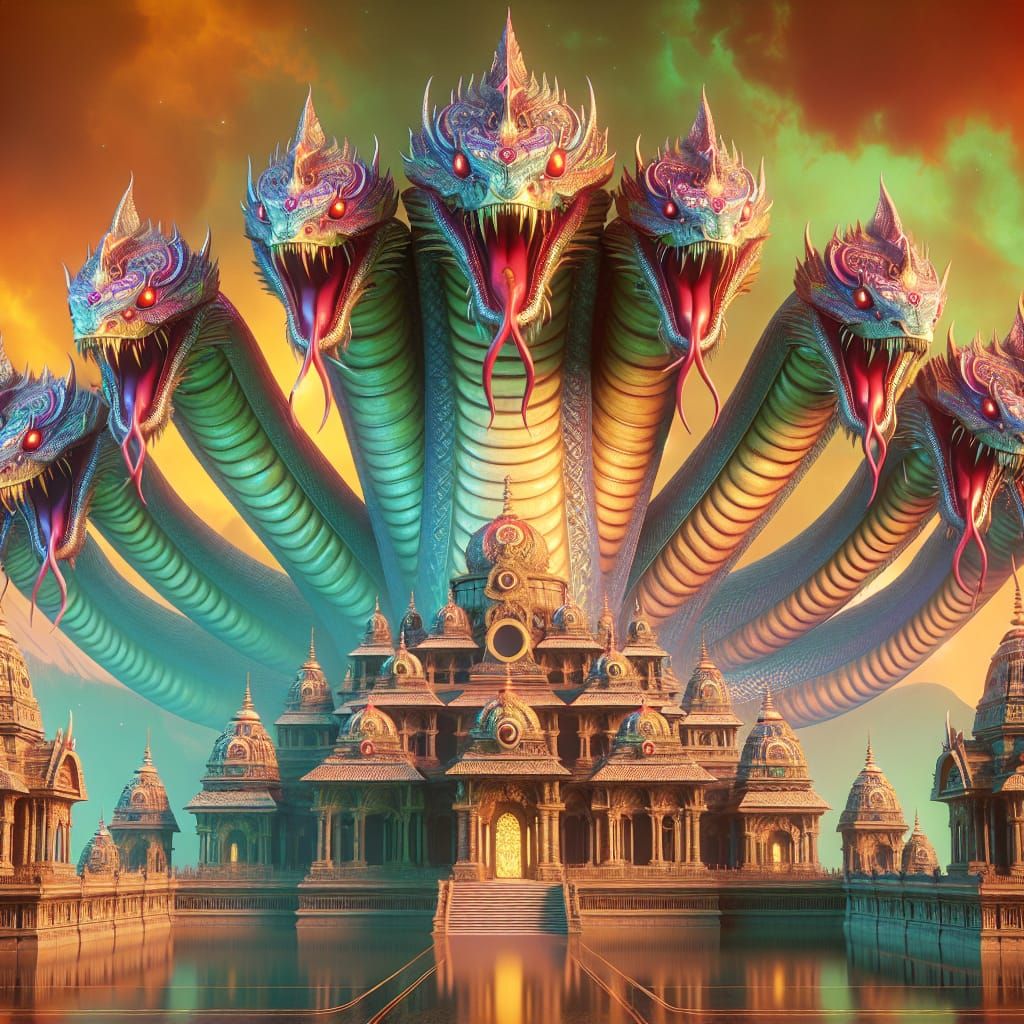 Mystical Seven-Headed Naga Guarding Indian Temple