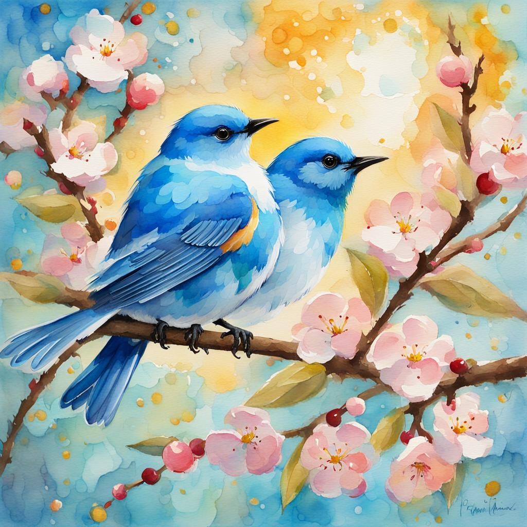 Blue Bird on Cherry Branch: Watercolor Gouache Painting