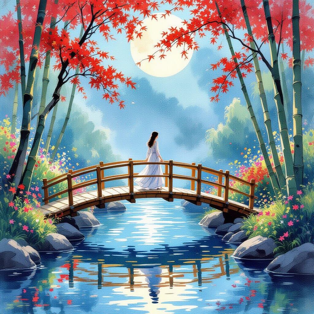 Woman on Bamboo Bridge in Alphonse Mucha Style