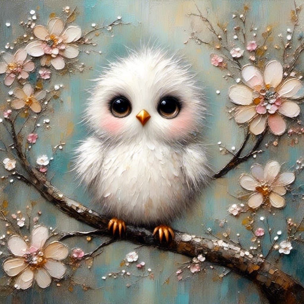 Cute baby bird in blossom tree
