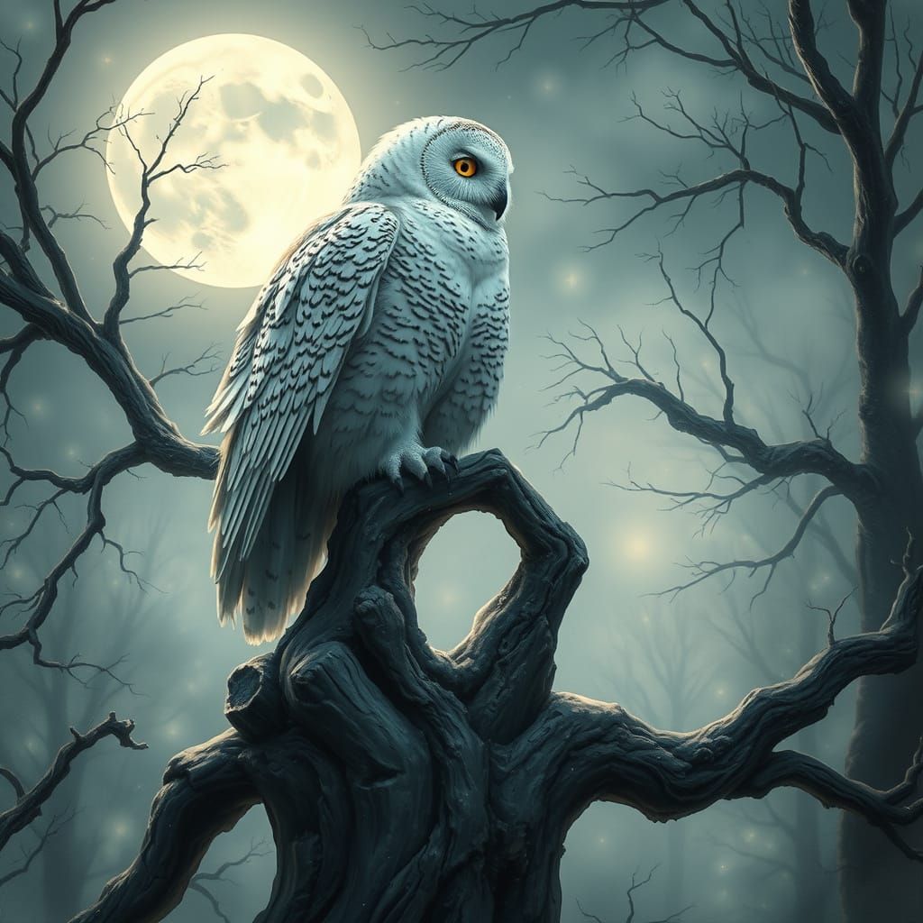 Robot Snowy Owl in Pre-Raphaelite Forest