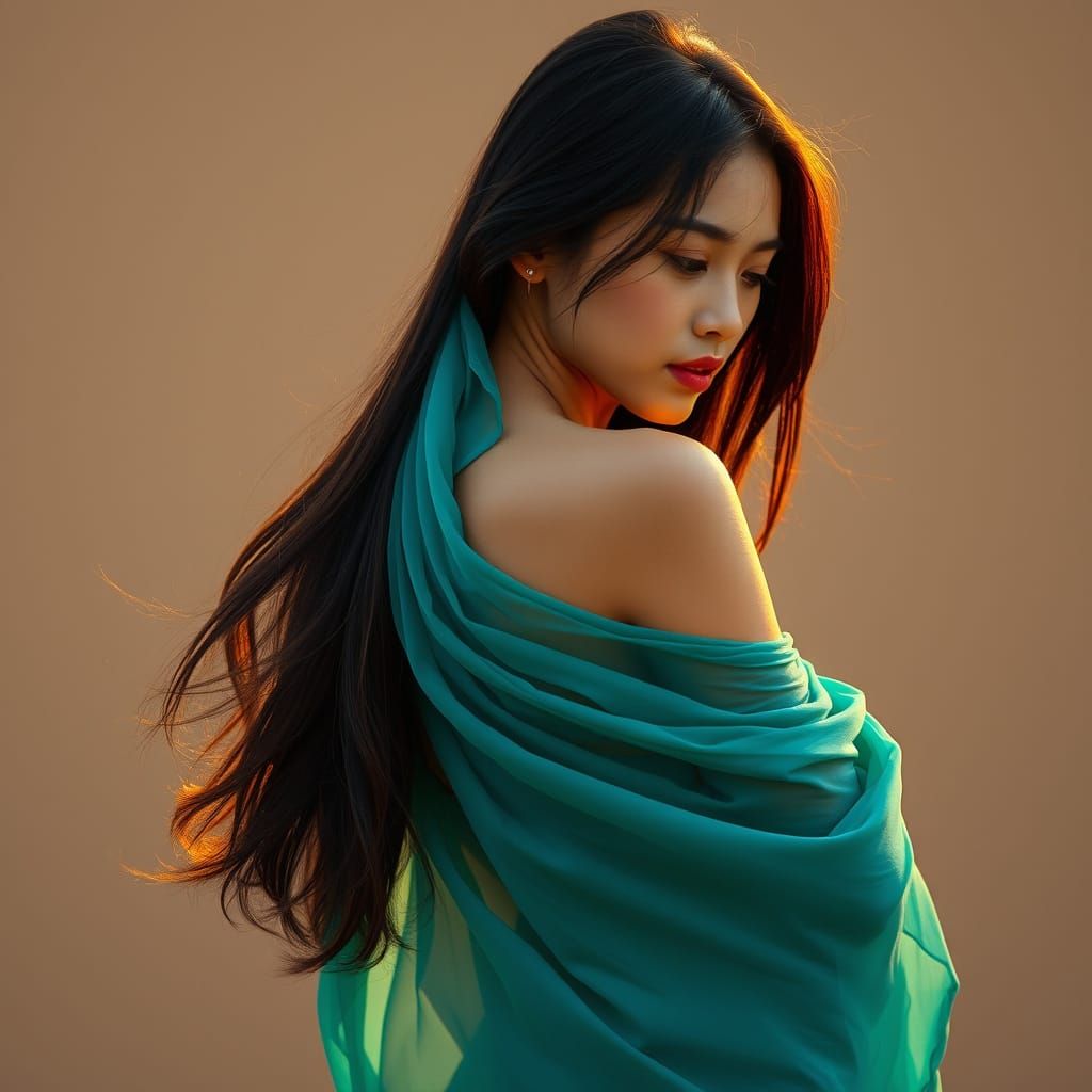 Vietnamese Woman in Flowing Blue-Green Fabric