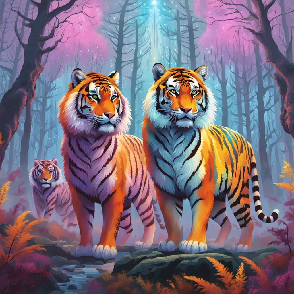 Crystal Tigers in Surrealist Forest Scene