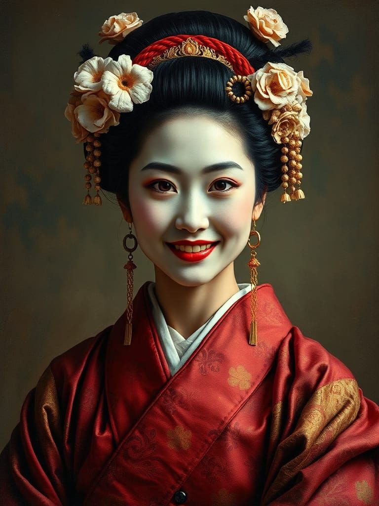 XII Century Geisha Portrait as Impasto Oil Painting