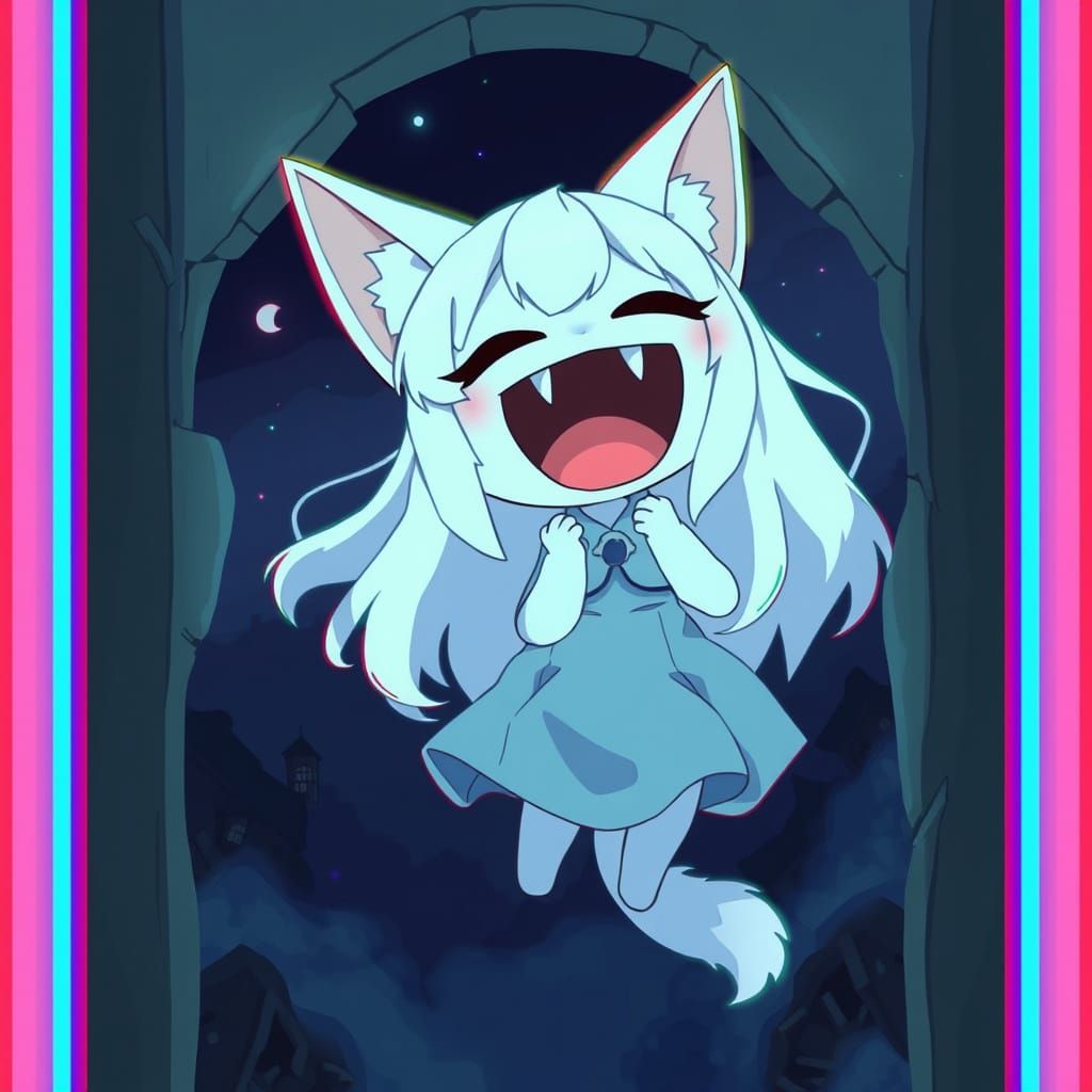 Spooky Synthwave Ghost Catgirl Laughing in a Haunted Wall