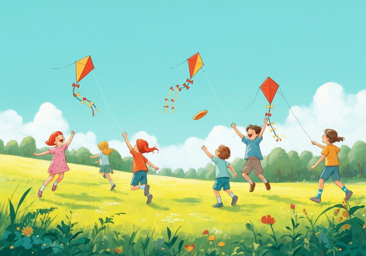 Children at Play in a Lush Green Meadow under a Clear Blue S...