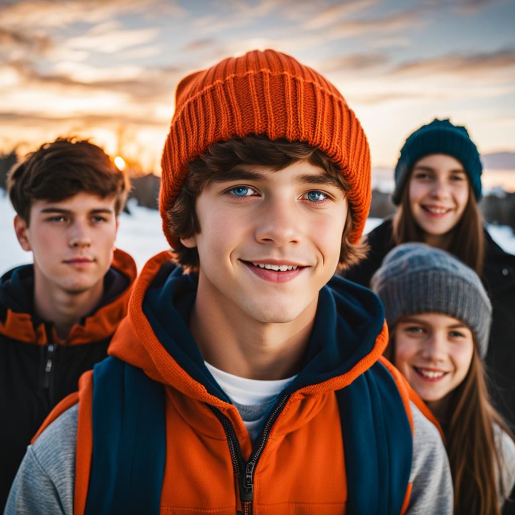 Teen Boy with Friends in Orange Beanie