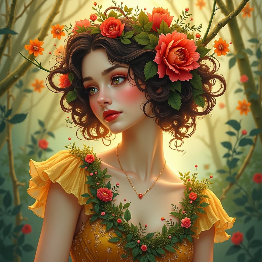 Floral Woman: Art Nouveau, Pre-Raphaelite Style