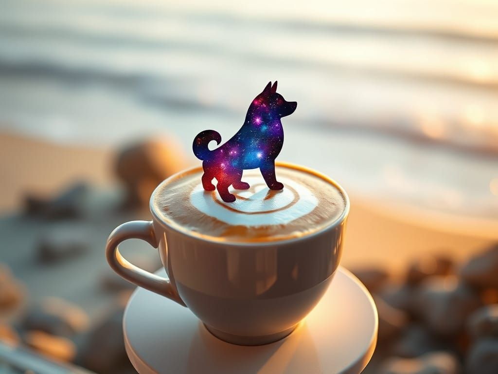 Surreal Coffee Latte with Nebula-Shaped DOGE Meme Silhouette
