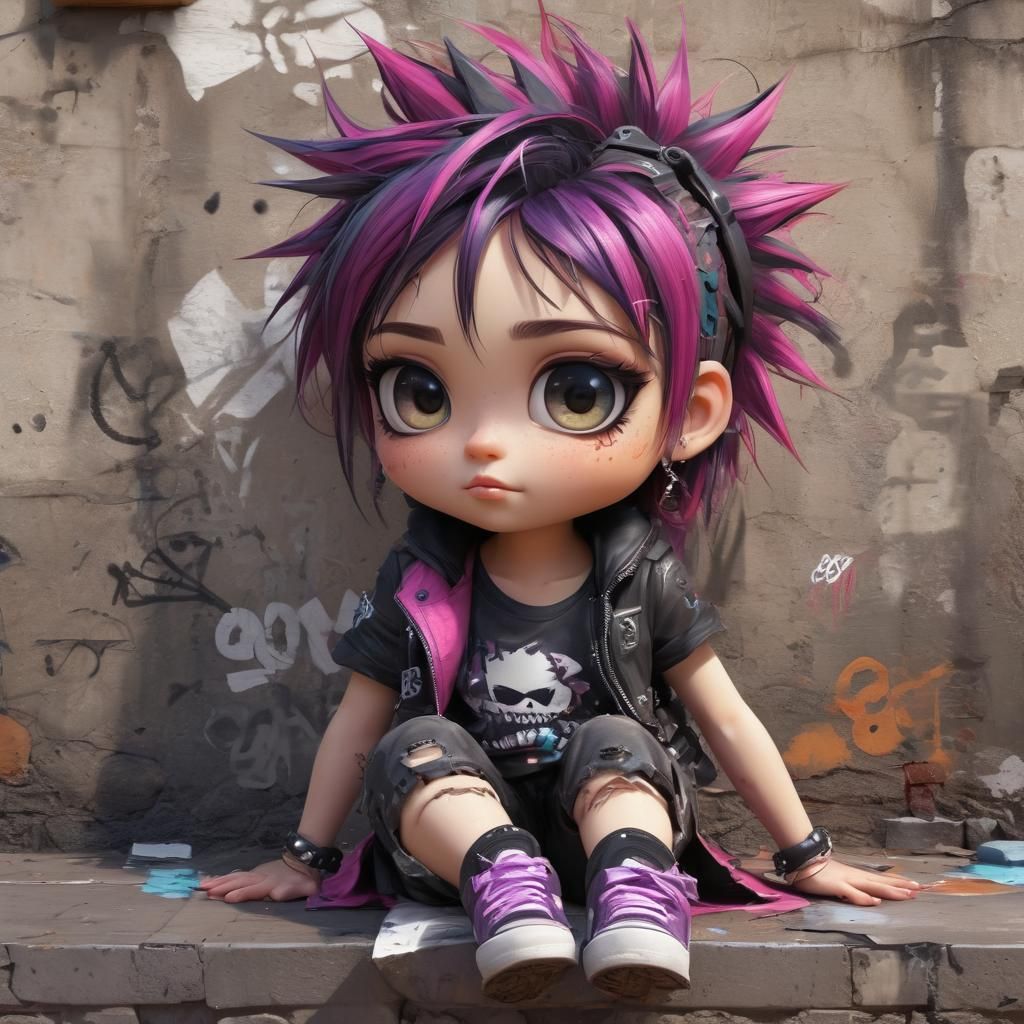 Chibi Punk Graffiti Artist in a City Alleyway