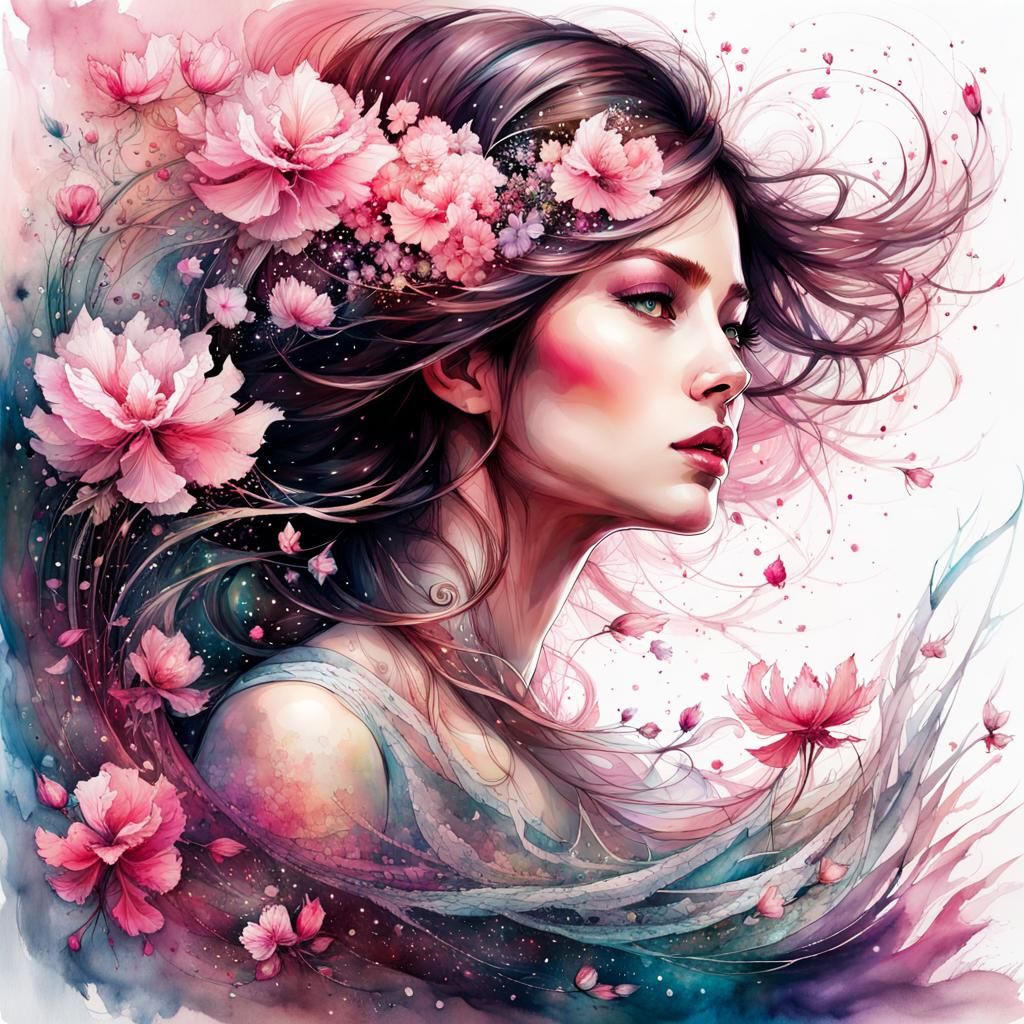 Princess of Pink Blossom: Stylized Watercolor Illustration